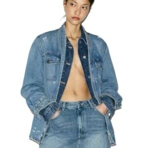 ZARA - Ripped TRF Overshirt Denim Distressed Jacket With Belt Tie,  Size Small‎